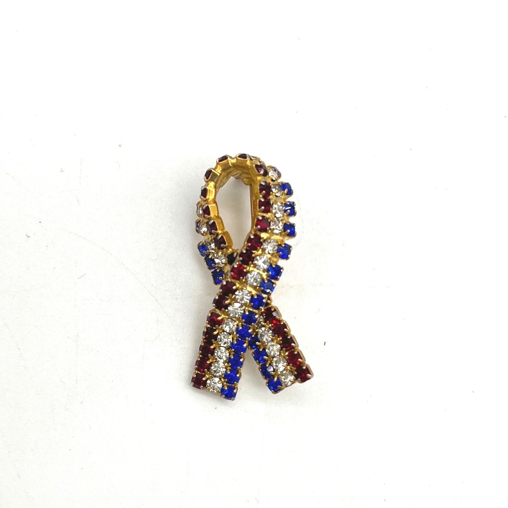 Red White Blue Rhinestone Ribbon Brooch Pin‎ Patriotic Awareness Jewelry